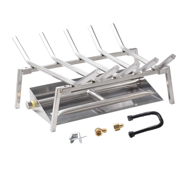 Skyflame 18-inch Fireplace Log Grate with Dual Burner Pan and Connection Kit for Natural Gas, 304 Stainless Steel
