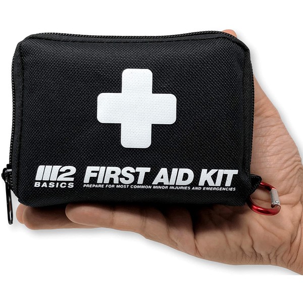 M2 BASICS 150 Piece First Aid Kit w/Compact Bag, Carabiner, Emergency Blanket | Emergency Medical Supply | Full of Supplies for Home, Office, Outdoors, Car, Camping, Travel