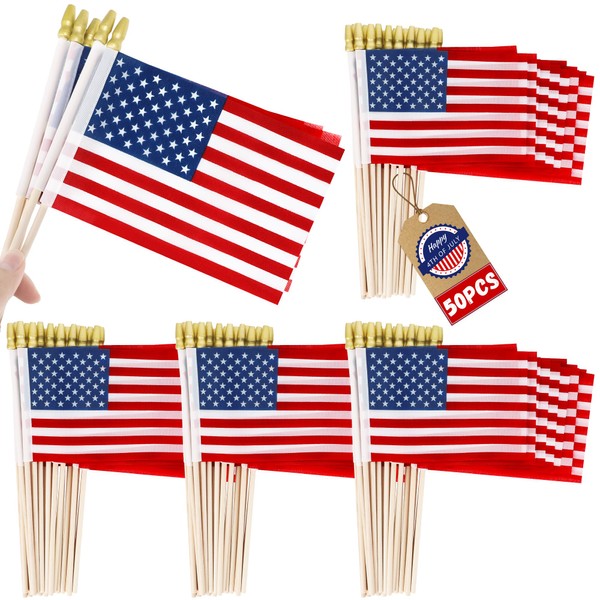 50 PCS Small American Flags on Stick, 4 x 6