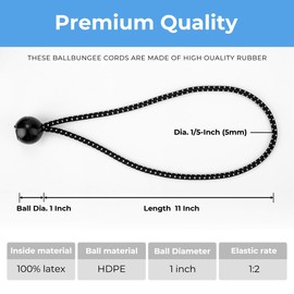 Cartman 90 Pack 11 Inch Ball Bungee Cords Canopy Ties with Elastic String for Canopy, Tarp, Straps, Tent, Black