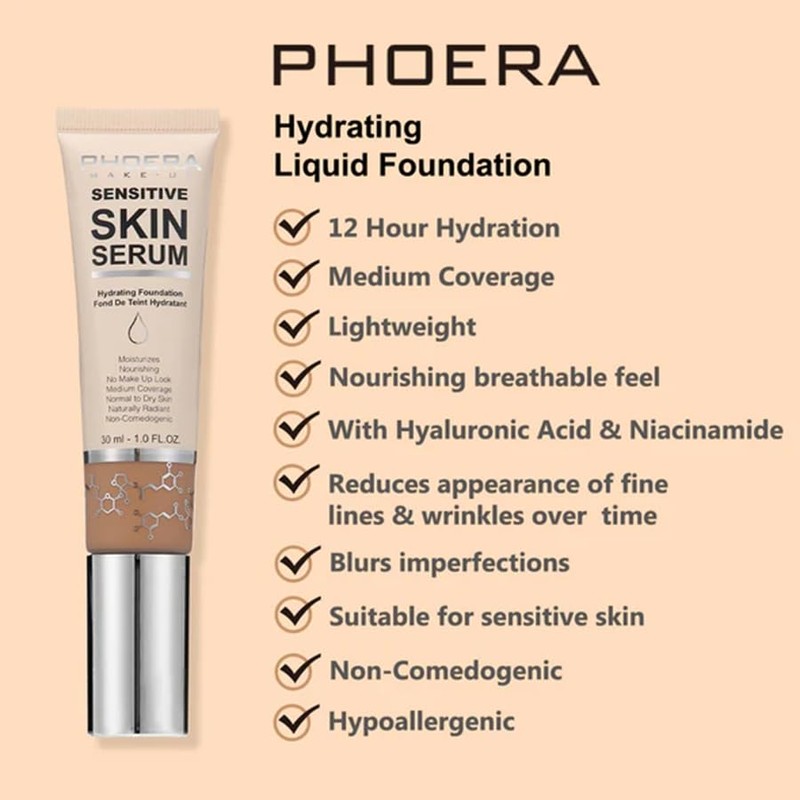 PHOERA Hydrating Serum Foundation, Hyaluronic Acid, Allantoin, Vitamin E, Tea