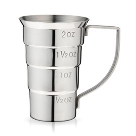 Viski Jigger escalonado con asa, 4 marcas, taza medidora para recetas de cóctel, 0.5 onzas, 1.5 onzas, 1.5 onzas y 2 onzas, acero inoxidable, juego de 1, plata