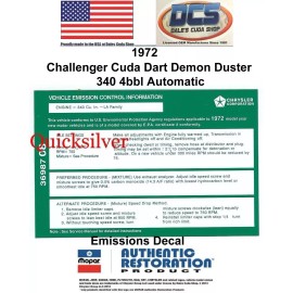 DCS Dales Cuda Shop 1972 Dodge Plymouth 340 4bbl Automatic Trans Emissions Decal 3698708 NEW MoPar