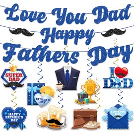 Need DIY Fathers Day Decorations Banner and Hanging Swirls,Happy Fathers Day Banner I Love U Dad Cutout with Hanging Swirls Blue Super Dad Party Supplies