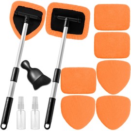 Qydipclin 11pcs Windshield Cleaner Tool, Car Window Cleaning Wash Kit with 6 Reusable Microfiber Pads 2 Spray Bottles and Extendable Handles Auto Glass Wiper Kit, Orange