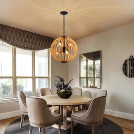 3WWWUEE 18'' Boho Wood Beaded Chandelier - Black Sphere 6-Light Hanging Light Fixture with Height Adjustable Chain, for Dining Room, Living Room, Bedroom, Kitchen, E12 Base (AJ8004P8WDBK)