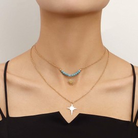 Xduargs Boho Layered Sunburst Pendant Necklace Gold Celestial Star Necklace Vintage Turquoise Pearl Choker Necklace Adjustable Sun Star Chain Necklace Jewellery for Women, Zinc