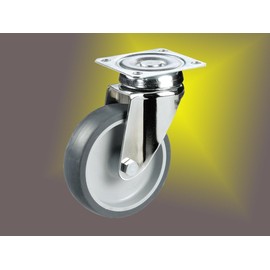 Stainless steel apparatus wheels, diameter 75 mm, plate attachment, rust-proof, rubber wheel, plain bearing, swivel castor, stainless steel, VA, VA2, stainless steel