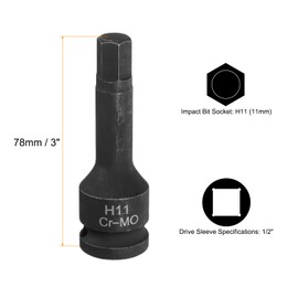 sourcing map 2pcs H11 (11mm) Hex Impact Bit Socket 1/2" Drive Sockets CR-MO Steel Hex Lengthen Screwdriver Socket Adapter for Electric Ratchet Wrenches Fastening Screws