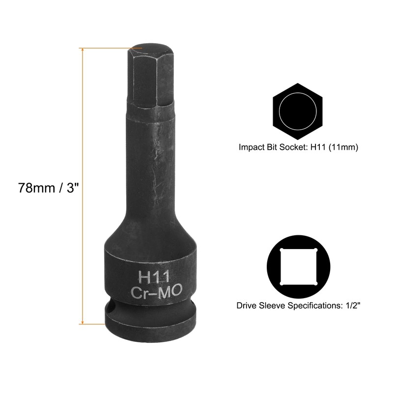 sourcing map 2pcs H11 (11mm) Hex Impact Bit Socket 1/2"