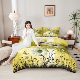 Rustic Floral Comforter Set Queen Size,Farm Daisy Flowers Butterfly Country Bedding Set for Women Adult,Yellow Abstract Art Graffiti Luxury Bed Duvet Insert, 2 Pillowcases
