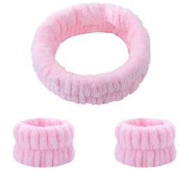 Spa Headband Wrist Washband Set, 3 Pcs Absorbent Makeup Headbands Face Wash Wristband, Solid Style Elastic Wrist Headband Facial Headband Washing Band for Women Girls Makeup Bath (Pink)