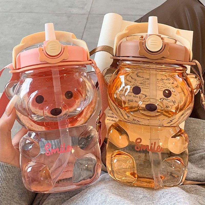 Bear Water Bottle with Straw Kawaii Cute Adjustable and Removable