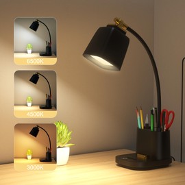 LED Desk Lamp with 2 USB Charging Port, 2 Pen Holders 3 Color Modes Dimmable Reading Light Desk Light, LED Small Desk Lamp Flexible Gooseneck Touch Table Lamp for Bedside Office Home, AC Adapter