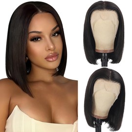 AOWVUTS Short Bob Wigs Wear and Go Glueless Wigs 180% Density Straight Bob Wig 5x5 Lace Frontal Wig Synthetic Wig Natural Black Transparent Lace Front Wigs Pre Plucked