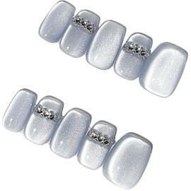 JINGHONG handmade nails,press on nails, cateye polish,amourwa,nail glitters,blue,short square,Size-Large