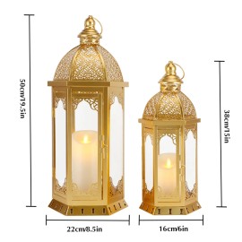 EU Stock Set of 2 Moroccan Gold Metal Candle Lantern Hanging Portable Glass Candle Holder for Home Holiday Decorcolor: Gold, size: 22*19*50 16*14*38