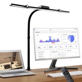 BAYSQUIRREL Led Desk Lamp with Clamp,Desk Light with Human Sensor,Gooseneck Remote Eye Protection Desk Lighting,24W Ultra Bright Stepless Dimming and Tempering LED Desk Lamp for Home Office, Bedroom