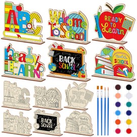 CroBlissful 24 Sets Back to School Craft Kits for Kids 6 Inch First Day of School Wood Cutouts Craft Blank Unfinished Wooden Decorations Coloring DIY Wooden Paint Ornaments for Classroom Art Activity