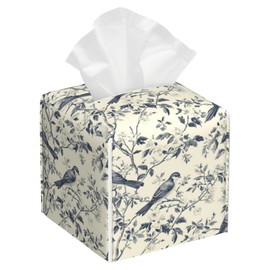 Vintage Blue Bird and Floral Tissue Box Cover Square Leather Tissue Holder Waterproof Facial Paper Organizer Dispenser Cube Paper Cover Case for Home Office Bathroom Vanity Countertop
