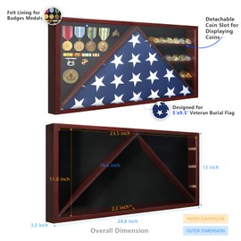 DecoWoodo Large Military Shadow Box Display Case with HD Tempered Glass - Triangular Flag Case Fits 9.5’x5' American Burial Flag, Removable Shelves for Coins, Backboard for Medals and Insignia, Red