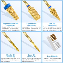 CGBE Nail Drill Attachments, 5 Pieces Gold Nail Cutter Bits Remove Gel Acrylic Cuticle, 3/32 Inch Tungsten Carbide Cutter Attachments Carbide Grinding Heads for Nail Preparation, Set-B
