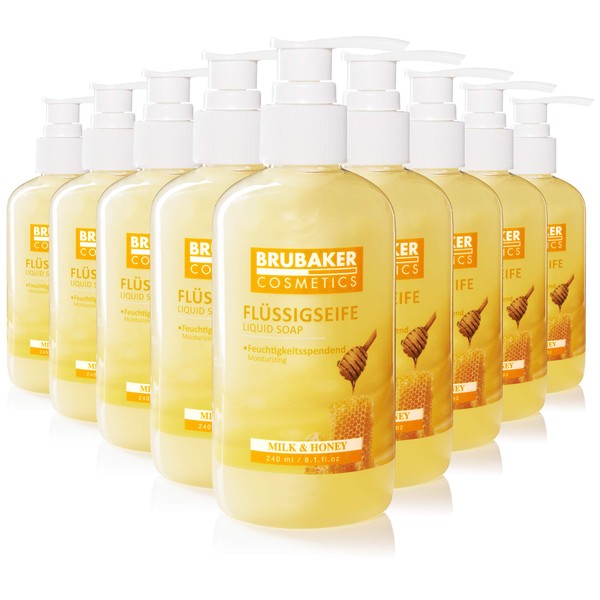 BRUBAKER Cosmetics Pack of 10 Hand Wash Lotion Liquid Soap Milk Honey - 10 x 240 ml in Practical Dispenser - Gently Cleans and Moisturises - for Hygienically Clean Hands