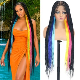ItsUHair Colorful Full Lace Braided Wig 36inch Long Knotless Synthetic Box Braids Wig with Baby Hair