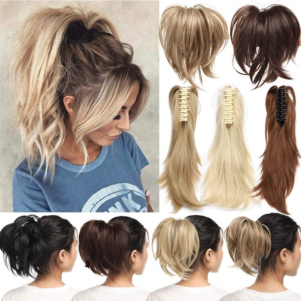 Clip-In Ponytail Extensions, DIY Adjust Hair Extension with Jaw Claw Ponytail, Updo Synthetic Braid Hairpiece, 30 cm, Medium Brown