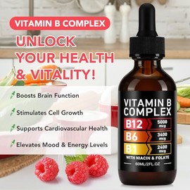 Vitamin B12 Liquid Drops with B6, Sublingual Methylcobalamin B Complex Supplement, High Strength Energy Metabolism & Daily Wellness Support, Natural Raspberry Flavor, 60ml