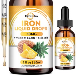Liquid Iron Supplement for Women, Men & Kids, Liquid Iron Drops with Folate, Vitamin C, B6, B12 for Anemia, Red Blood Cell, Energy Support, Pineapple Flavor, 2 Fl Oz