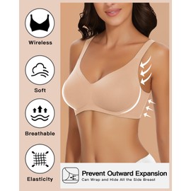 WOWENY Seamless Wirefree Bras for Women No Underwire Padded Push Up Bra Comfortable Soft Bralettes with Support V NeckEveryday Bra Beige L