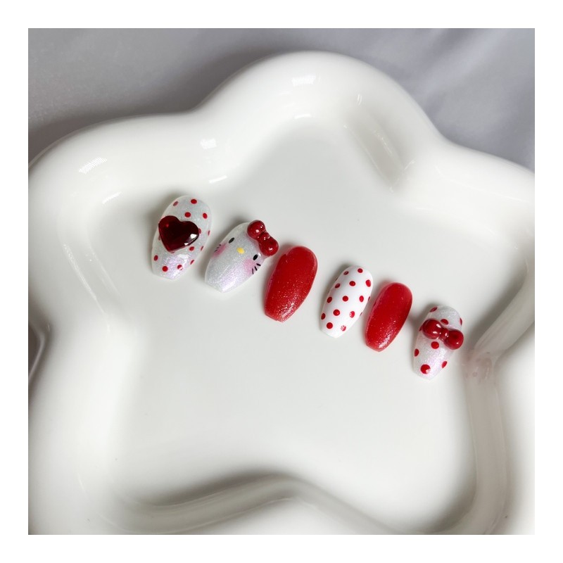 Magnetic Red Cat Nail Tips - Coffin Egg / 자석