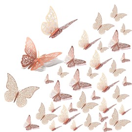 Pack of 36 3D Butterflies Decoration, Butterfly Stickers, 3 Style DIY Butterflies Decoration, for Living Room, Children's Room, Christmas, Wedding, Party, Wall Decoration, Table Decoration (Rose Gold)