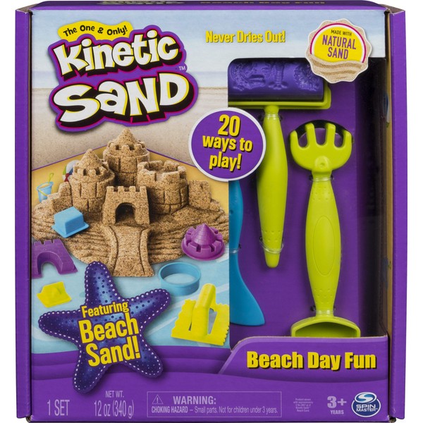 Kinetic Sand, Beach Day Fun Playset with Castle Molds, Tools, and 12 oz. of Kinetic Sand for Ages 3 and Up