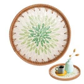 11.8 Inch Rattan Coffee Table Tray with Mother of Pearl, Decorative Round Wicker Baskets for Home Decor Storage and Display, Woven Serving Tray for Breakfast Fruit Food (Emerald)