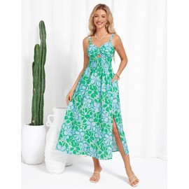 Women's 2025 Floral Boho Maxi Dress Sleeveless Spaghetti Strap Beach Sundress with Twist Front and Pockets Green Floral L