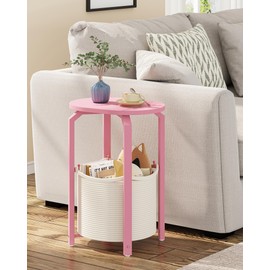 TUTOTAK Oval End Table with Woven Storage Basket, Pink Small Side Table for Living Room, Bedroom, TB01BP093