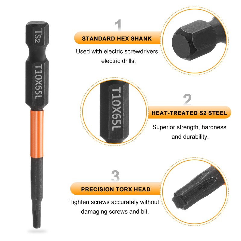 sourcing map 5pcs T10 Torx Head Screwdriver Bit 2.56" (65mm)