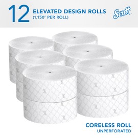 Scott® Coreless High-Capacity Jumbo Roll Toilet Paper (07006), with Elevated Design, 2-Ply, White, (1,150'/Roll, 12 Rolls/Case, 13,800'/Case)