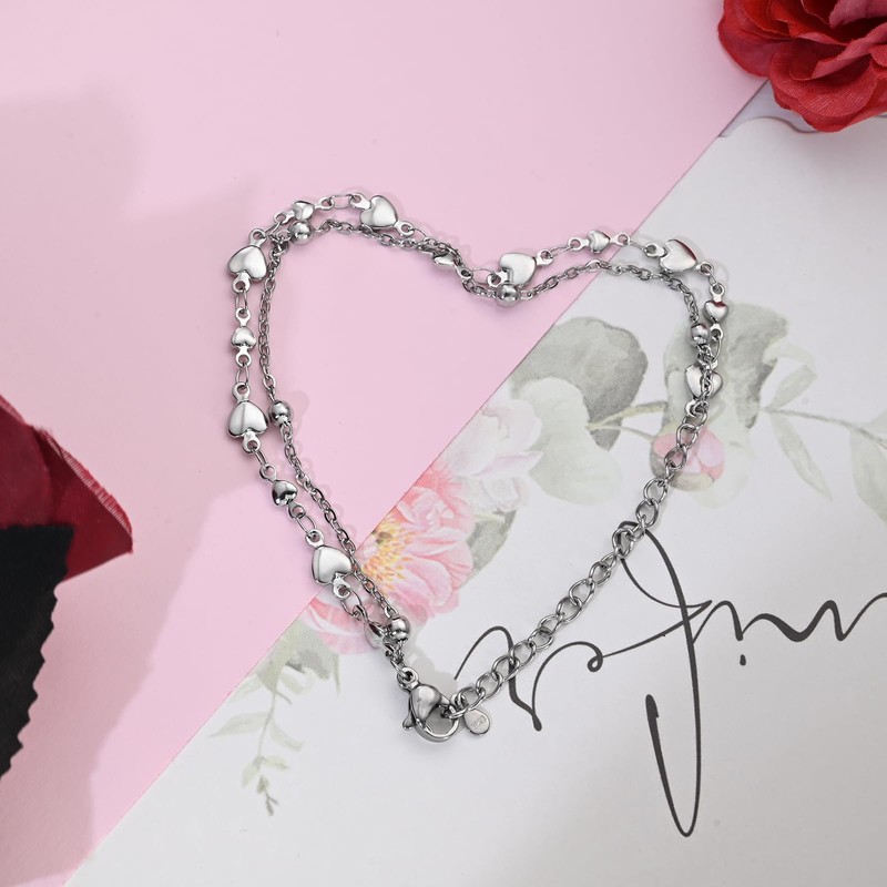 Double Layer Sterling Silver Heart Charm Bracelet, Adjustable Chain, Valentine's