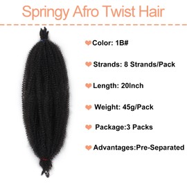 Mscat 20 Inch Pre-Separated Springy Afro Twist Hair 3 Packs Natural Black Marley Twist Crochet Braiding Synthetic Hair Extensions (8 Strands/Pack,1B#)