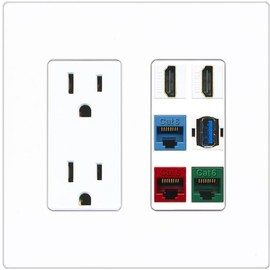 RiteAV 2 HDMI 3 Cat6 Ethernet USB3 Mixed Color Wall Plate - Outlet [Screwless White]