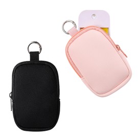 2Pcs Small Makeup Bag,Mini Portable Travel Cosmetic Bag,Soft Neoprene Makeup Pouch with Zipper,Fashion Accessory with Snap Hook,Cute Coin Purse Lipstick Cosmetic Travel Organizer(Black+ Light Pink)