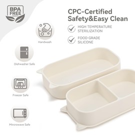 Mossora Portable Baby Plates with Suction, 6Pcs Travel Silicone Feeding Set for Toddlers, Foldable, Non-Slip Dishwasher Safe Plates & Utensils, BPA Free, Cat Design Gift Ready (Beige)