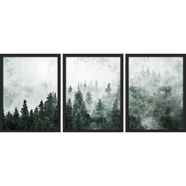 SIGNWIN Framed Foggy Pine Tree Wall Art, Set of 3 Forest Mountain Wall Decor Prints, Nature Wilderness Wall Décor for Living Room, Bedroom - 12"x16" Black