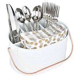 Red Co. 10" x 7" Enameled Metal Utensil Caddy & Countertop Flatware Organizer with Handle, Farmhouse White/Rose Gold