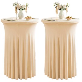 Qubjus 2 Pack Round Cocktail Table Covers with Skirt Stretch Spandex Tablecloth 24"x43" Cocktail Round Tablecloth for Party Wedding Birthday Banquet, Champagne