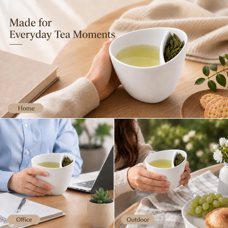 Divided Ceramic Tea Cup for Loose Leaf Tea & Drip