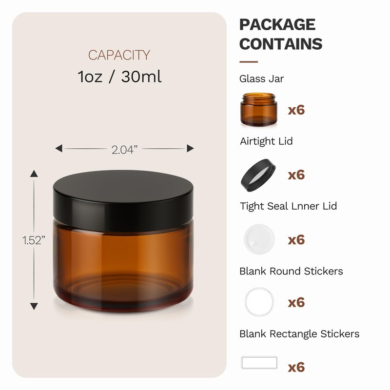 Bumobum 1oz Glass Jars with Lids, 6 Pack Small Amber